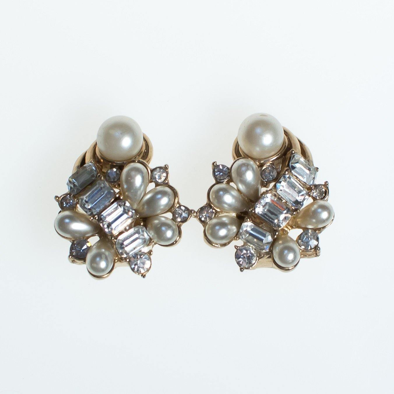 Vintage Hollycraft Earrings, Faux Pearls, Diamante Crystals, Gold Tone Setting, Clip-on by Hollycraft - Vintage Meet Modern Vintage Jewelry - Chicago, Illinois - #oldhollywoodglamour #vintagemeetmodern #designervintage #jewelrybox #antiquejewelry #vintagejewelry