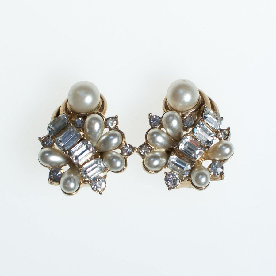 Vintage Hollycraft Earrings, Faux Pearls, Diamante Crystals, Gold Tone Setting, Clip-on by Hollycraft - Vintage Meet Modern Vintage Jewelry - Chicago, Illinois - #oldhollywoodglamour #vintagemeetmodern #designervintage #jewelrybox #antiquejewelry #vintagejewelry