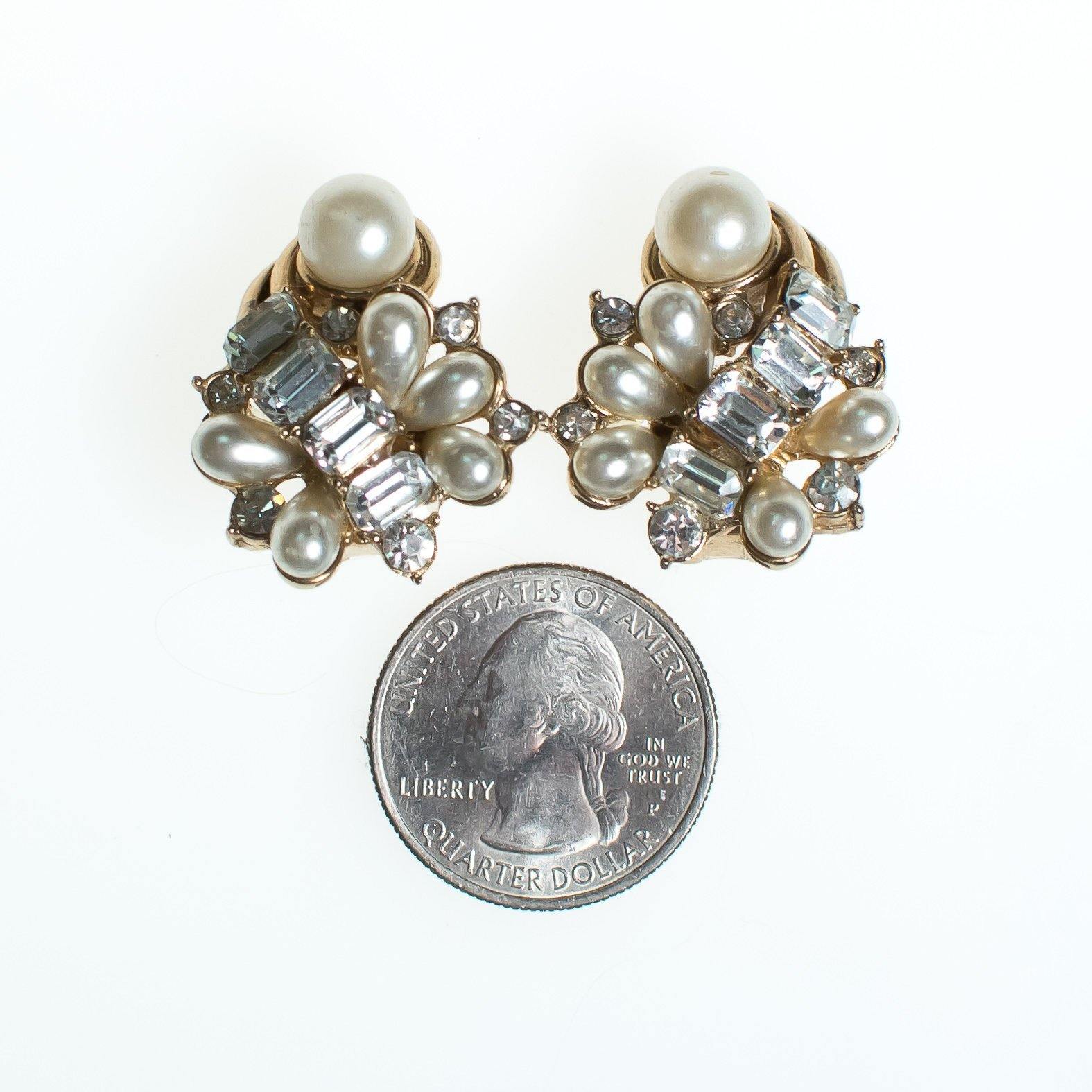 Vintage Hollycraft Earrings, Faux Pearls, Diamante Crystals, Gold Tone Setting, Clip-on by Hollycraft - Vintage Meet Modern Vintage Jewelry - Chicago, Illinois - #oldhollywoodglamour #vintagemeetmodern #designervintage #jewelrybox #antiquejewelry #vintagejewelry