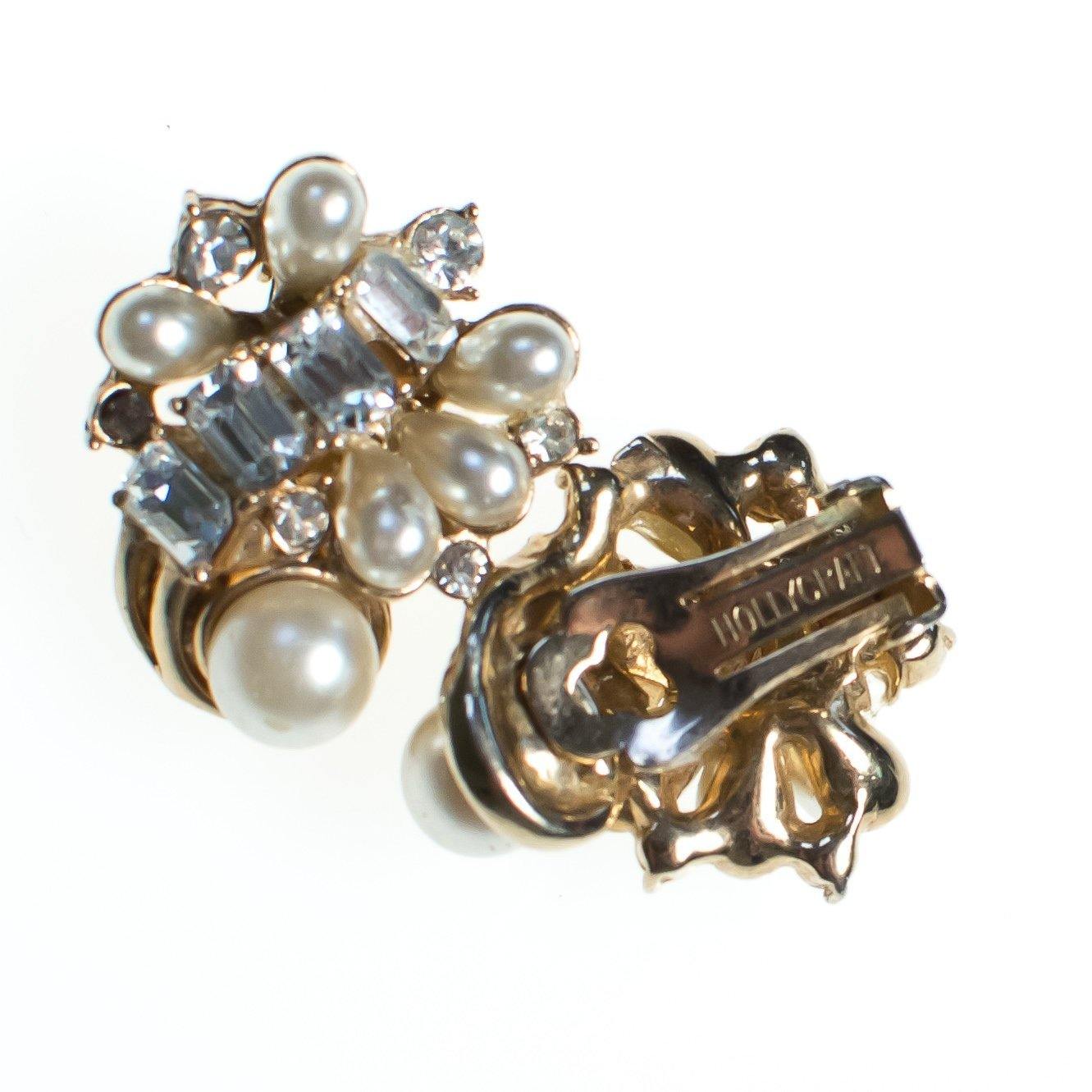Vintage Hollycraft Earrings, Faux Pearls, Diamante Crystals, Gold Tone Setting, Clip-on by Hollycraft - Vintage Meet Modern Vintage Jewelry - Chicago, Illinois - #oldhollywoodglamour #vintagemeetmodern #designervintage #jewelrybox #antiquejewelry #vintagejewelry