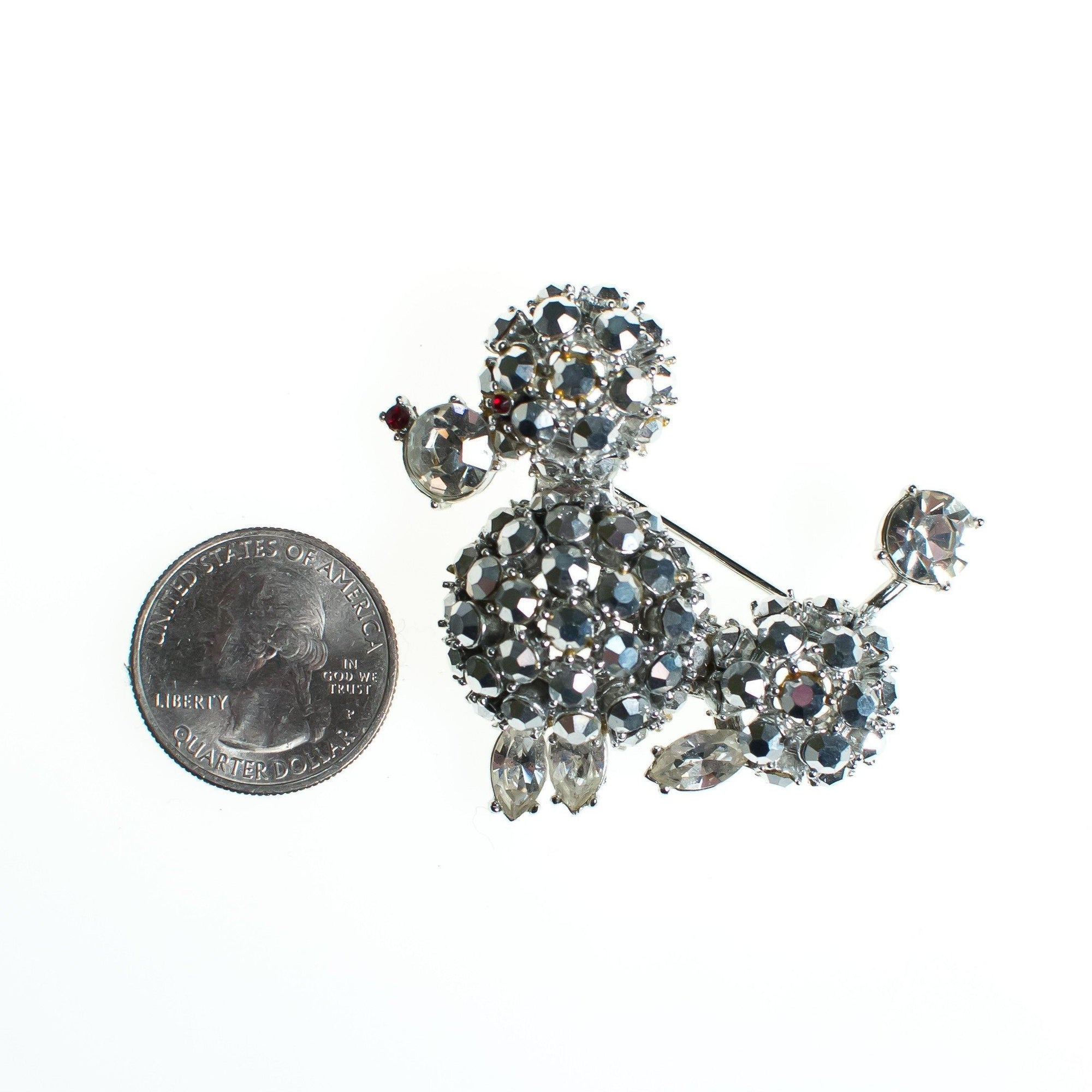 Vintage Schreiner Rhinestone Poodle Brooch, Silver Rhinestones, Red Rhinestone Diamante Crystals, Brooches and Pins by Schreiner - Vintage Meet Modern Vintage Jewelry - Chicago, Illinois - #oldhollywoodglamour #vintagemeetmodern #designervintage #jewelrybox #antiquejewelry #vintagejewelry