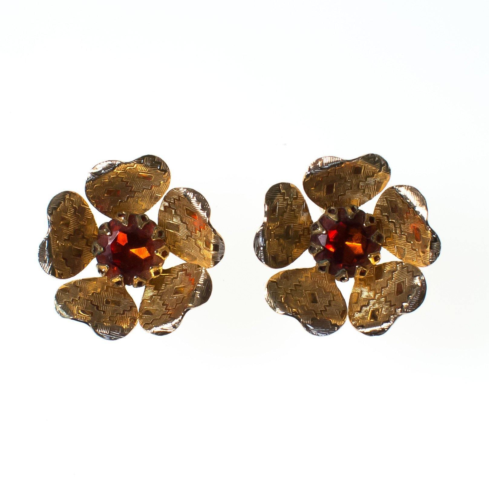 Vintage Sarah Coventry Flower Earrings, Amber Brown Rhinestone Center, Gold Tone Setting, Clip-on Earrings by Sarah Coventry - Vintage Meet Modern Vintage Jewelry - Chicago, Illinois - #oldhollywoodglamour #vintagemeetmodern #designervintage #jewelrybox #antiquejewelry #vintagejewelry