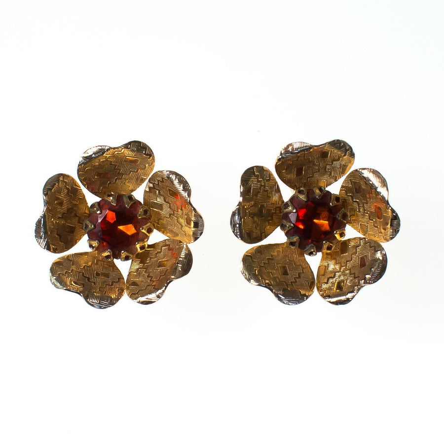 Vintage Sarah Coventry Flower Earrings, Amber Brown Rhinestone Center, Gold Tone Setting, Clip-on Earrings by Sarah Coventry - Vintage Meet Modern Vintage Jewelry - Chicago, Illinois - #oldhollywoodglamour #vintagemeetmodern #designervintage #jewelrybox #antiquejewelry #vintagejewelry