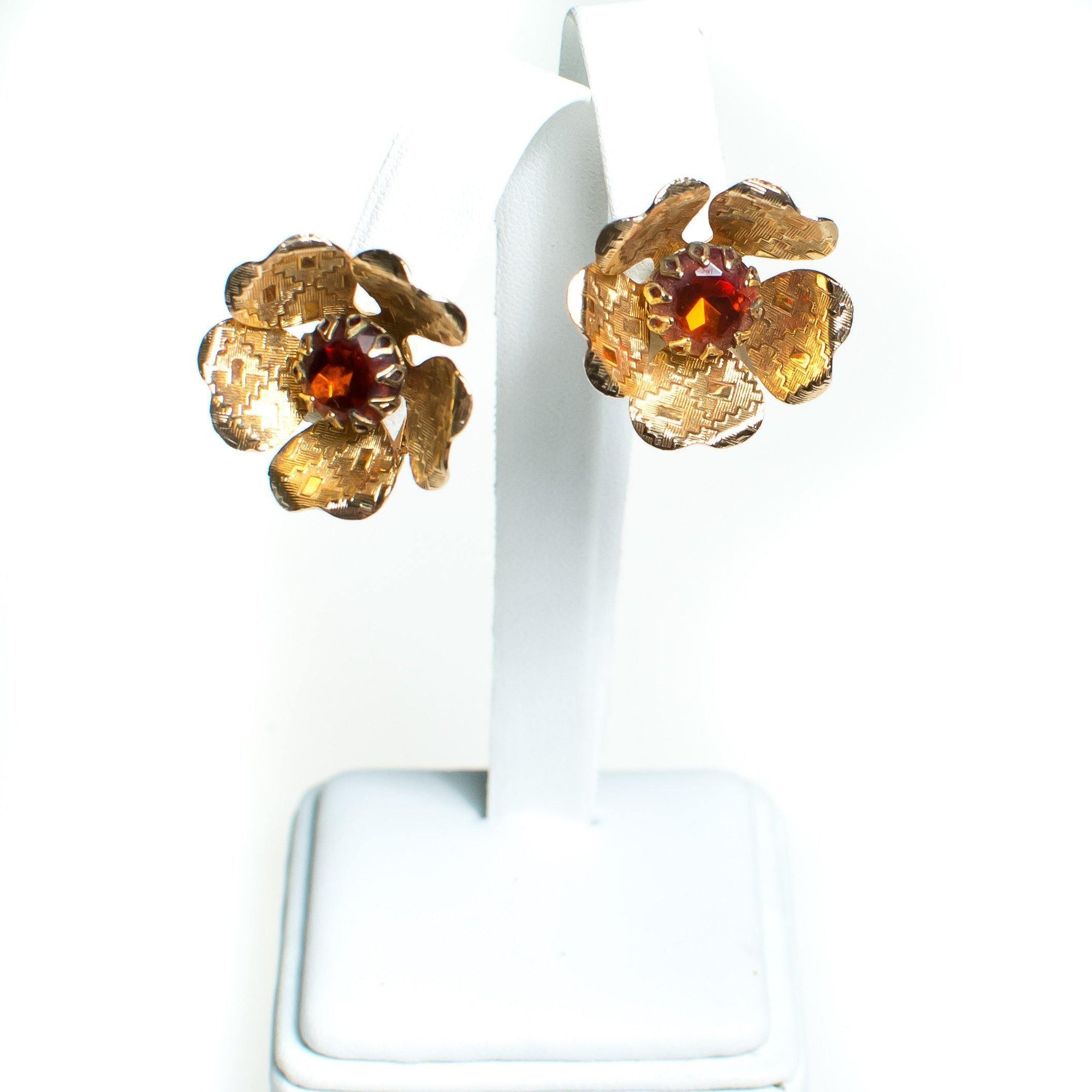 Vintage Sarah Coventry Flower Earrings, Amber Brown Rhinestone Center, Gold Tone Setting, Clip-on Earrings by Sarah Coventry - Vintage Meet Modern Vintage Jewelry - Chicago, Illinois - #oldhollywoodglamour #vintagemeetmodern #designervintage #jewelrybox #antiquejewelry #vintagejewelry