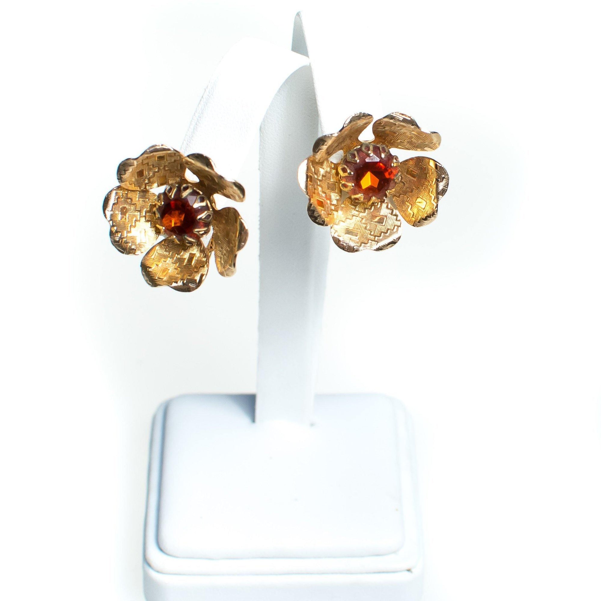 Vintage Sarah Coventry Flower Earrings, Amber Brown Rhinestone Center, Gold Tone Setting, Clip-on Earrings by Sarah Coventry - Vintage Meet Modern Vintage Jewelry - Chicago, Illinois - #oldhollywoodglamour #vintagemeetmodern #designervintage #jewelrybox #antiquejewelry #vintagejewelry