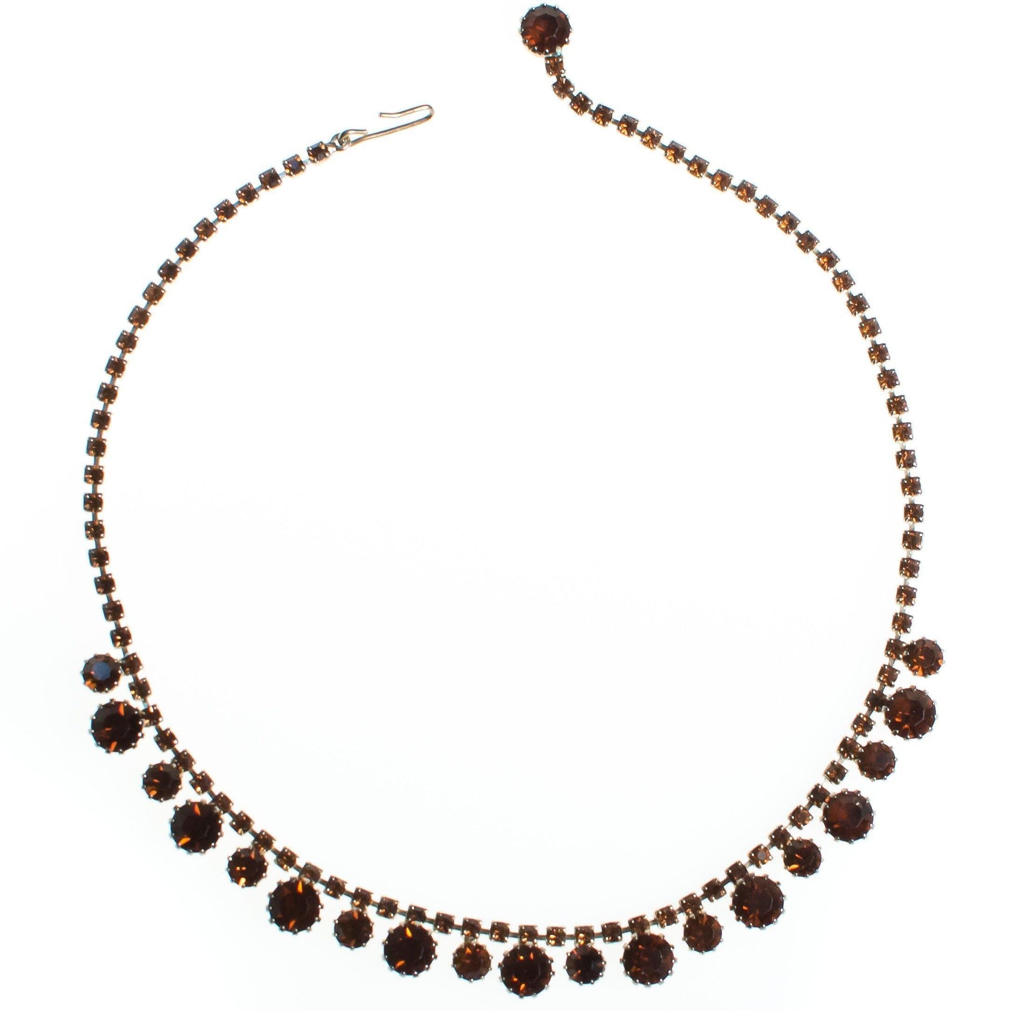 Vintage Amber Topaz Brown Rhinestone Necklace, Gold Tone, Fish Hook Clasp by 1950s - Vintage Meet Modern Vintage Jewelry - Chicago, Illinois - #oldhollywoodglamour #vintagemeetmodern #designervintage #jewelrybox #antiquejewelry #vintagejewelry