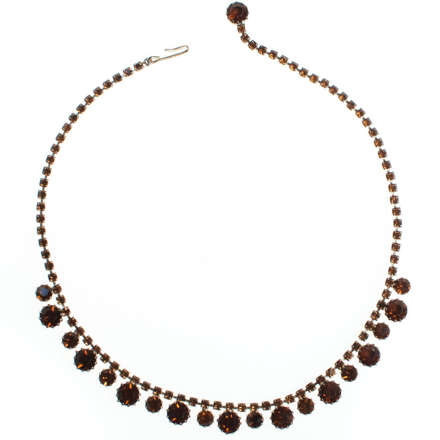 Vintage Amber Topaz Brown Rhinestone Necklace, Gold Tone, Fish Hook Clasp by 1950s - Vintage Meet Modern Vintage Jewelry - Chicago, Illinois - #oldhollywoodglamour #vintagemeetmodern #designervintage #jewelrybox #antiquejewelry #vintagejewelry
