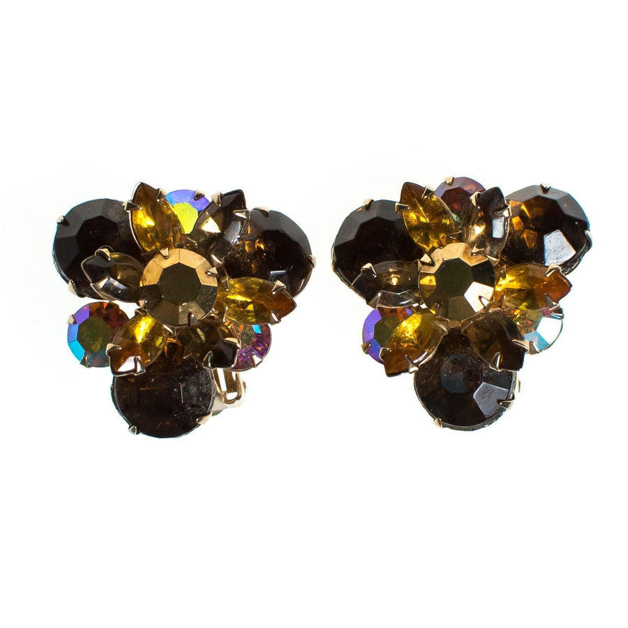 Vintage Amber Brown Rhinestone Earrings, Gold Tone Setting, Clip-on by 1960s - Vintage Meet Modern Vintage Jewelry - Chicago, Illinois - #oldhollywoodglamour #vintagemeetmodern #designervintage #jewelrybox #antiquejewelry #vintagejewelry