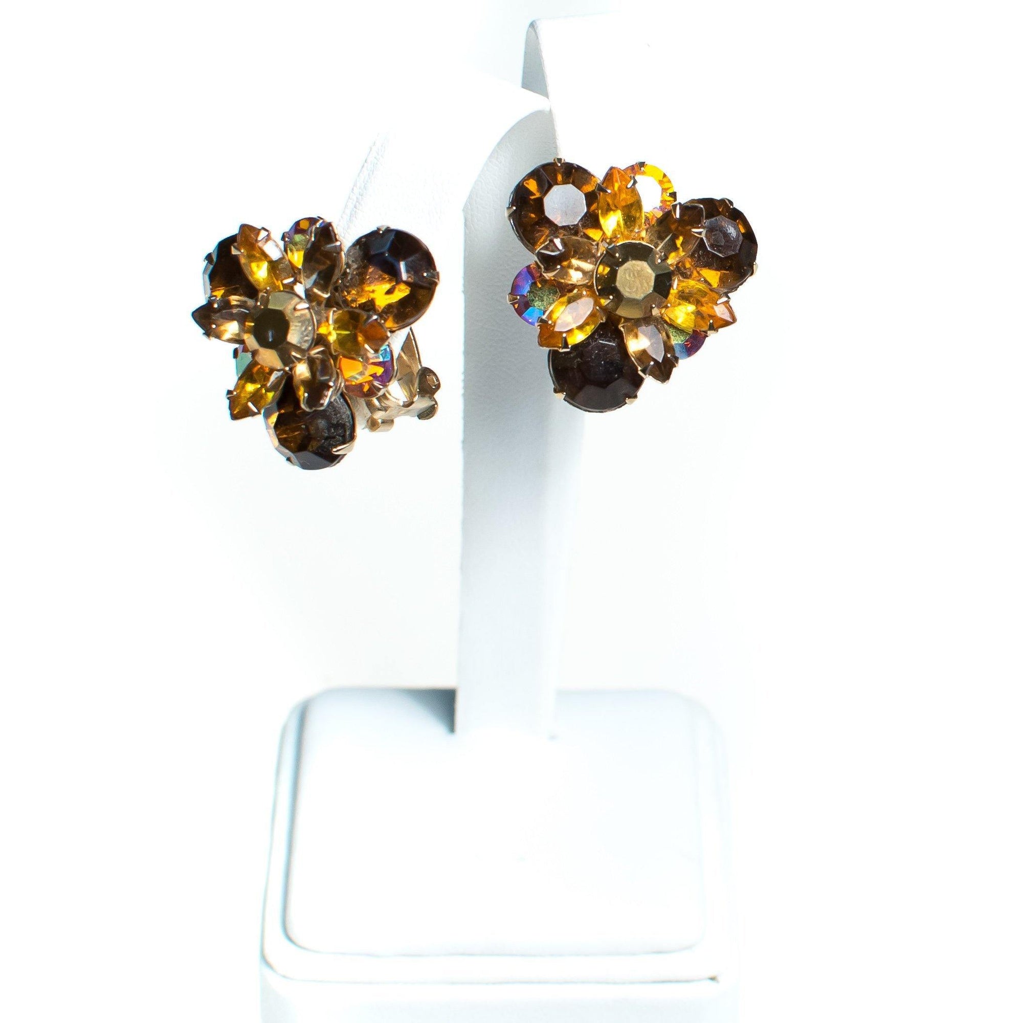 Vintage Amber Brown Rhinestone Earrings, Gold Tone Setting, Clip-on by 1960s - Vintage Meet Modern Vintage Jewelry - Chicago, Illinois - #oldhollywoodglamour #vintagemeetmodern #designervintage #jewelrybox #antiquejewelry #vintagejewelry