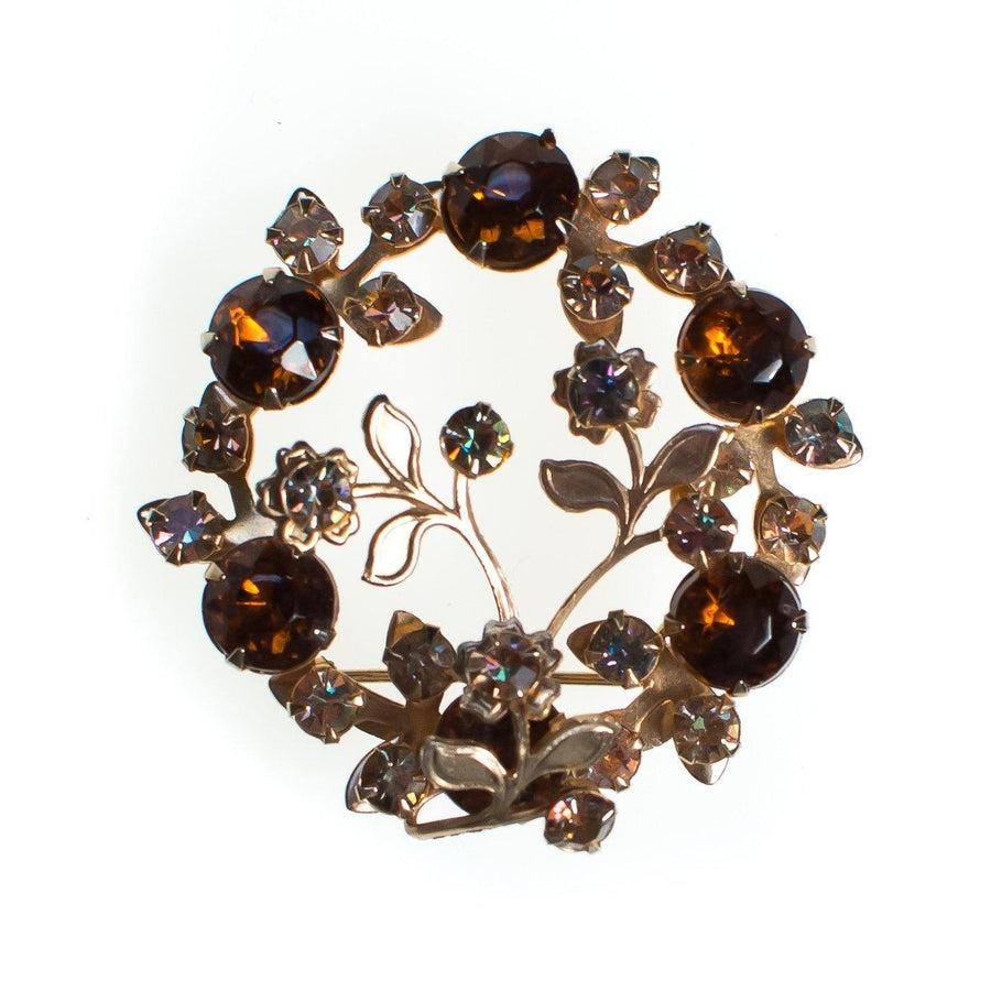 Vintage Floral Rhinestone Brooch, Brown Rhinestones, Gold Tone Brooch, Brooches and Pins by 1950s - Vintage Meet Modern Vintage Jewelry - Chicago, Illinois - #oldhollywoodglamour #vintagemeetmodern #designervintage #jewelrybox #antiquejewelry #vintagejewelry