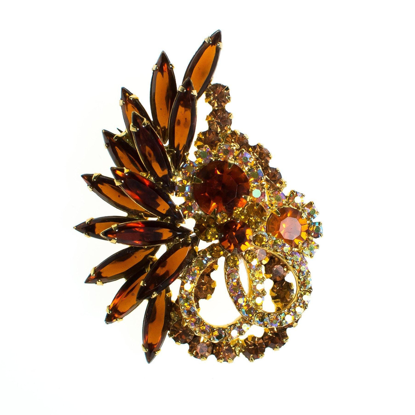 Vintage Juliana Brooch, Amber Brown Rhinestones, Gold Rhinestones, Aurora Borealis Rhinestones, Gold Tone Setting, Brooches and Pins