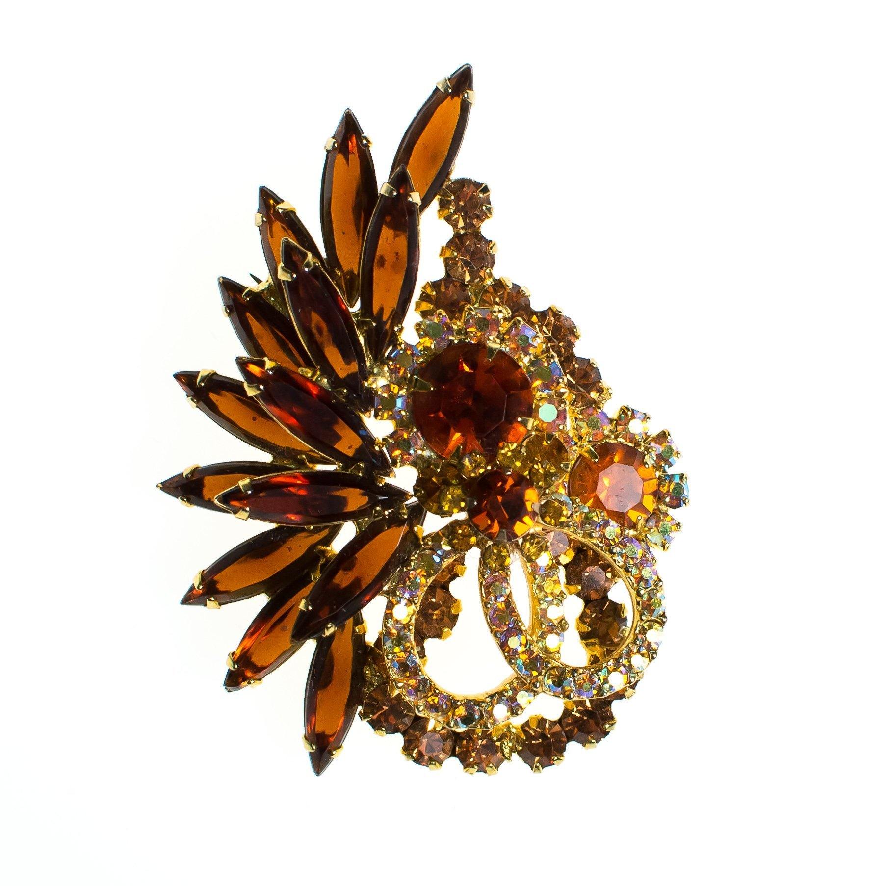 Vintage Juliana Brooch, Amber Brown Rhinestones, Gold Rhinestones, Aurora Borealis Rhinestones, Gold Tone Setting, Brooches and Pins by Juliana - Vintage Meet Modern Vintage Jewelry - Chicago, Illinois - #oldhollywoodglamour #vintagemeetmodern #designervintage #jewelrybox #antiquejewelry #vintagejewelry