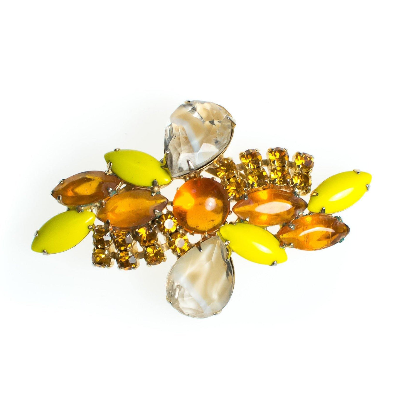Vintage Juliana Brooch, Yellow Gemstones, Orange Gemstones, Gold Rhinestones, Gold Tone Setting