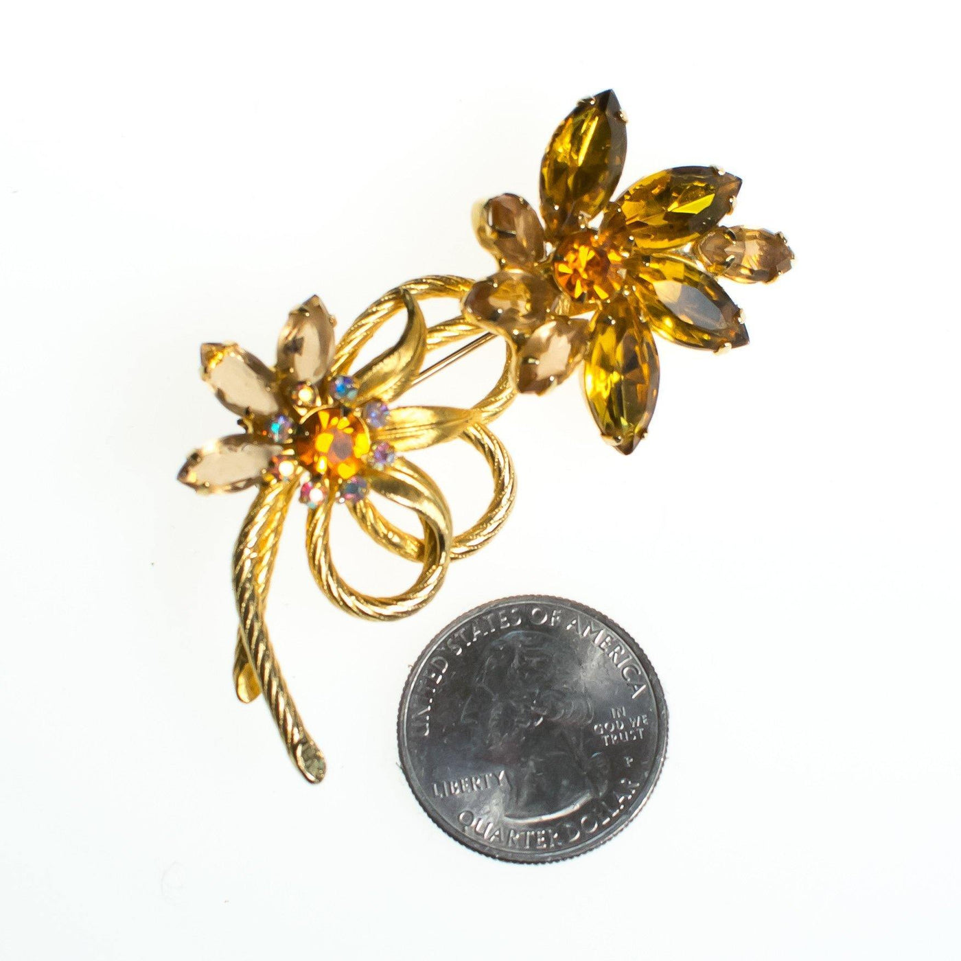 Vintage Flower Brooch, Gold Tone Brooch, Amber, Yellow Citrine, Golden Brown Rhinestones, Rainbow Iridescent Rhinestones, Brooches and Pins