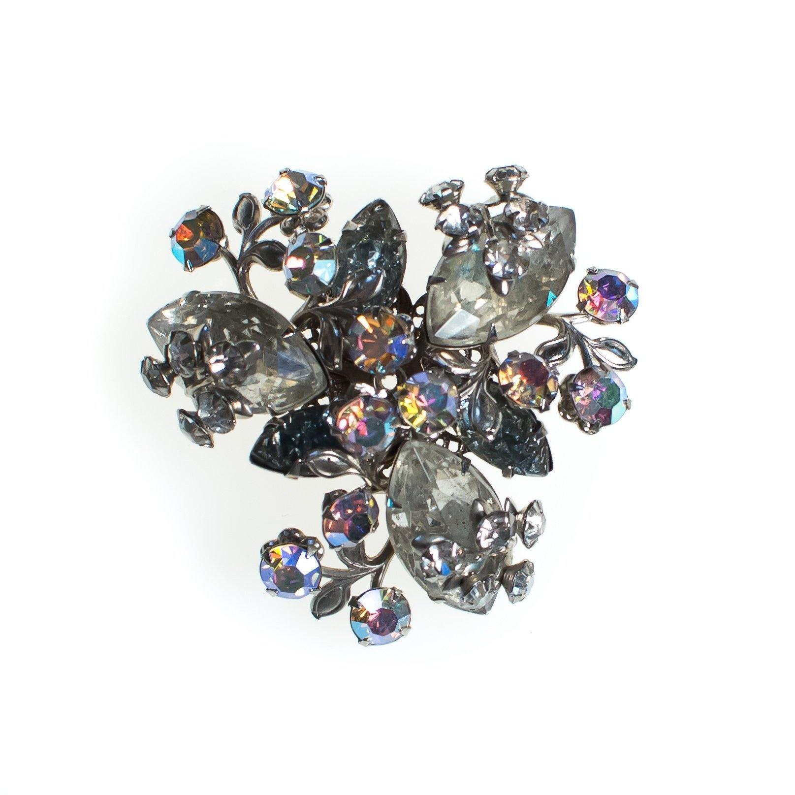Vintage Black Diamond Smoke Gray Rhinestone Brooch, Diamante and Aurora Borealis Crystals, Brooches and Pins by Juliana - Vintage Meet Modern Vintage Jewelry - Chicago, Illinois - #oldhollywoodglamour #vintagemeetmodern #designervintage #jewelrybox #antiquejewelry #vintagejewelry