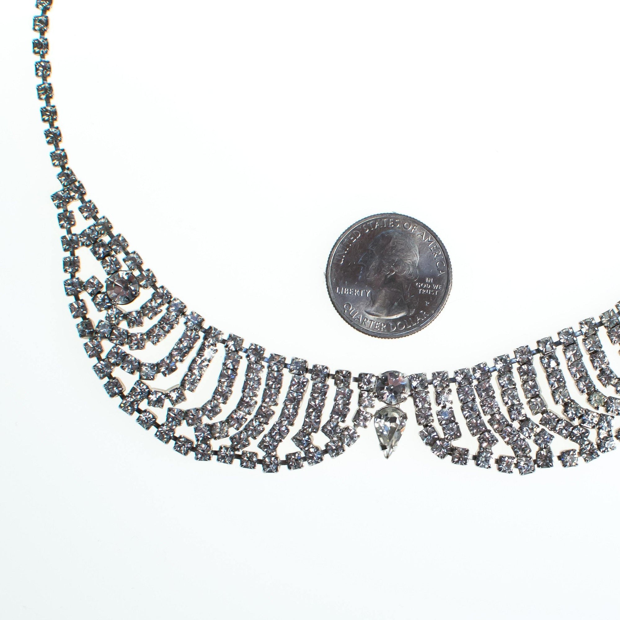 Vintage Art Deco Peter Pan Collar Rhinestone Silver Tone Necklace, Diamante Crystals, Fish Hook Clasp by Art Deco - Vintage Meet Modern Vintage Jewelry - Chicago, Illinois - #oldhollywoodglamour #vintagemeetmodern #designervintage #jewelrybox #antiquejewelry #vintagejewelry