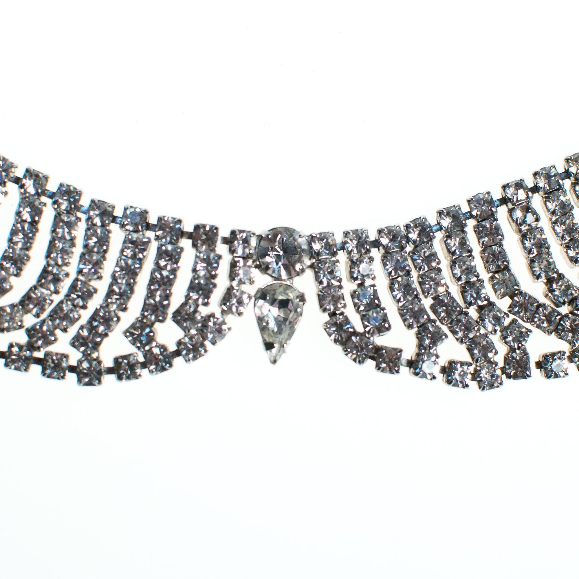 Vintage Art Deco Peter Pan Collar Rhinestone Silver Tone Necklace, Diamante Crystals, Fish Hook Clasp by Art Deco - Vintage Meet Modern Vintage Jewelry - Chicago, Illinois - #oldhollywoodglamour #vintagemeetmodern #designervintage #jewelrybox #antiquejewelry #vintagejewelry