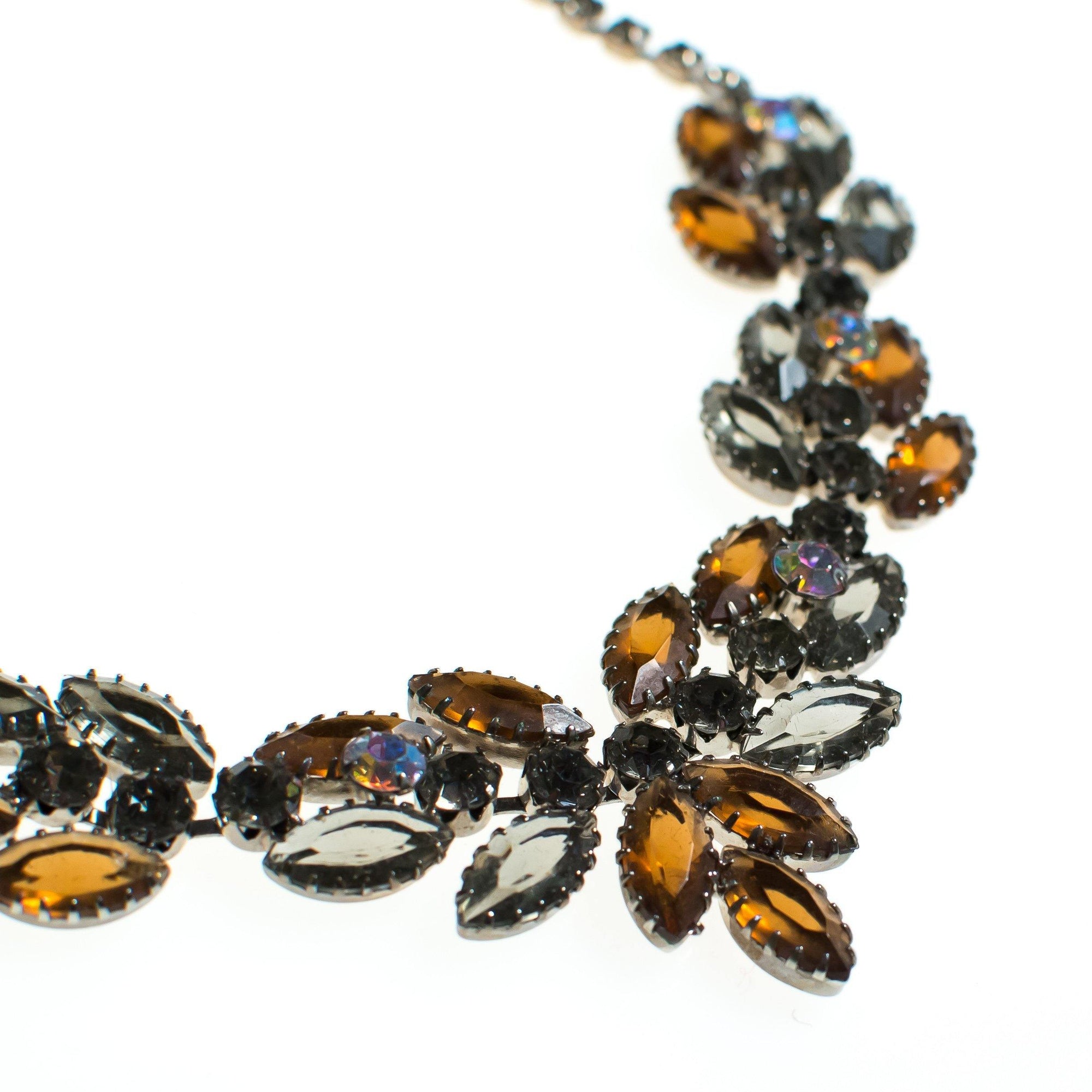 Vintage Juliana Rhinestone Necklace, Brown Rhinestones, Smoky Gray Rhinestones, Iridescent Rhinestones, Silver Tone, Fish Hook Clasp by Juliana - Vintage Meet Modern Vintage Jewelry - Chicago, Illinois - #oldhollywoodglamour #vintagemeetmodern #designervintage #jewelrybox #antiquejewelry #vintagejewelry