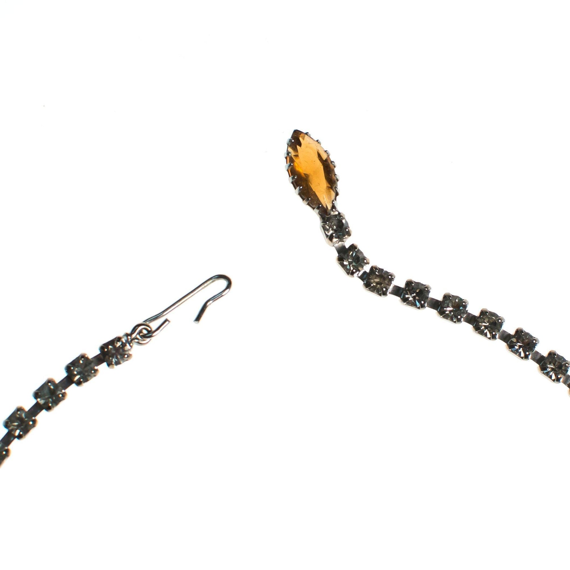 Vintage Juliana Rhinestone Necklace, Brown Rhinestones, Smoky Gray Rhinestones, Iridescent Rhinestones, Silver Tone, Fish Hook Clasp by Juliana - Vintage Meet Modern Vintage Jewelry - Chicago, Illinois - #oldhollywoodglamour #vintagemeetmodern #designervintage #jewelrybox #antiquejewelry #vintagejewelry