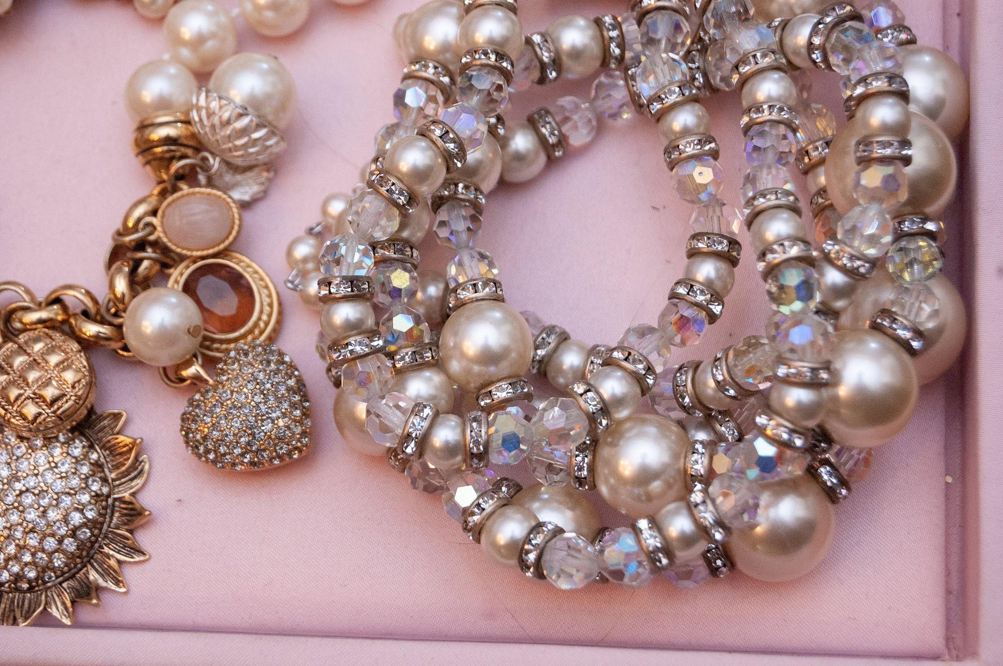 Vintage Multi-strand Necklace, Diamante Crystals, Clear Lucite Beads, Faux Pearls, Silver Setting, Fish Hook Clasp by 1950s - Vintage Meet Modern Vintage Jewelry - Chicago, Illinois - #oldhollywoodglamour #vintagemeetmodern #designervintage #jewelrybox #antiquejewelry #vintagejewelry