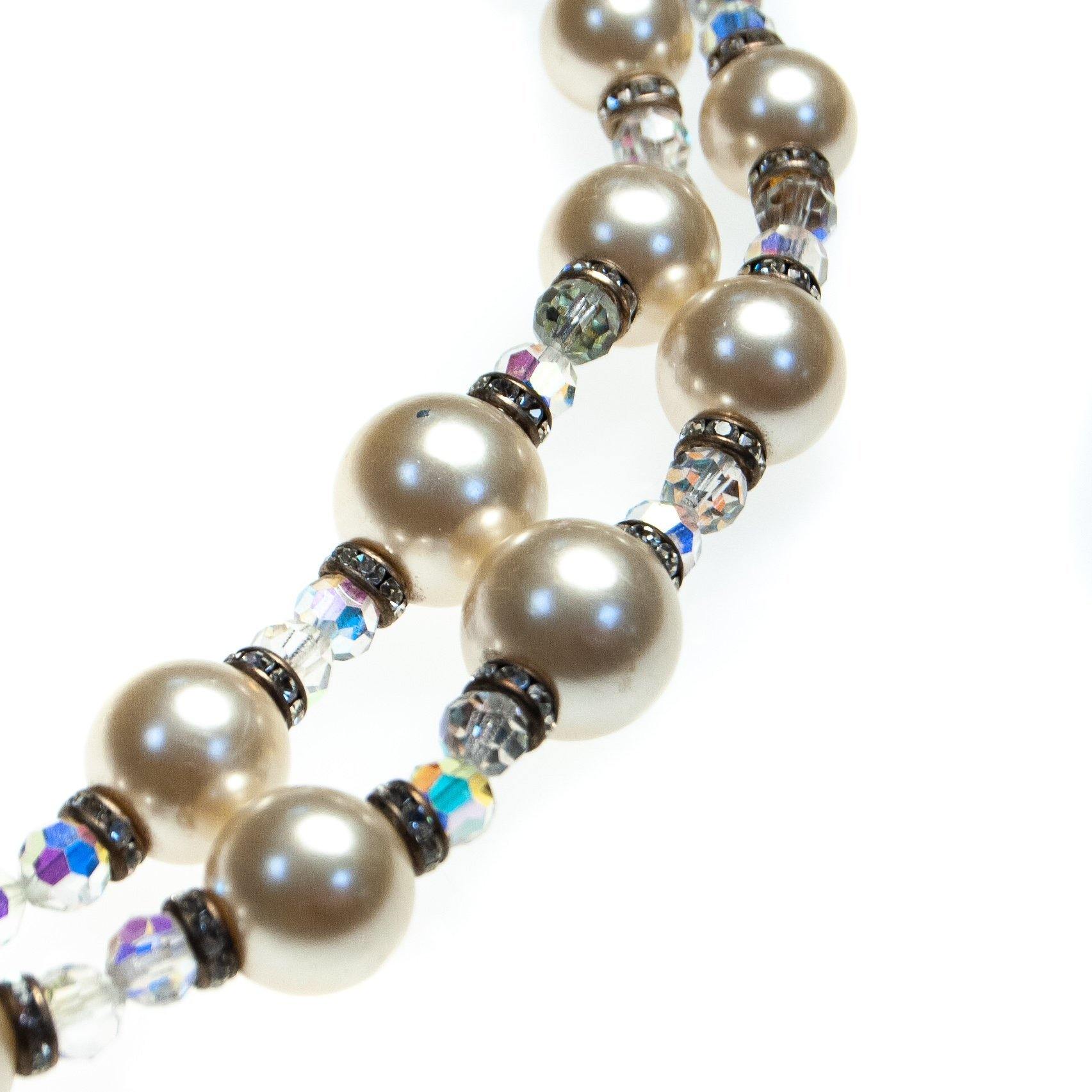 Vintage Multi-strand Necklace, Diamante Crystals, Clear Lucite Beads, Faux Pearls, Silver Setting, Fish Hook Clasp by 1950s - Vintage Meet Modern Vintage Jewelry - Chicago, Illinois - #oldhollywoodglamour #vintagemeetmodern #designervintage #jewelrybox #antiquejewelry #vintagejewelry