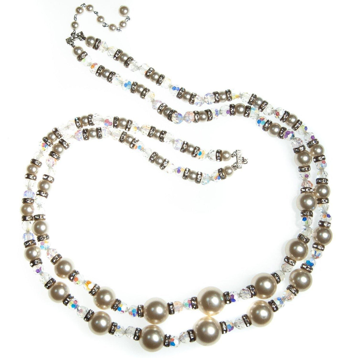 Vintage Multi-strand Necklace, Diamante Crystals, Clear Lucite Beads, Faux Pearls, Silver Setting, Fish Hook Clasp