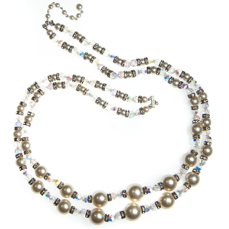 Vintage Multi-strand Necklace, Diamante Crystals, Clear Lucite Beads, Faux Pearls, Silver Setting, Fish Hook Clasp by 1950s - Vintage Meet Modern Vintage Jewelry - Chicago, Illinois - #oldhollywoodglamour #vintagemeetmodern #designervintage #jewelrybox #antiquejewelry #vintagejewelry