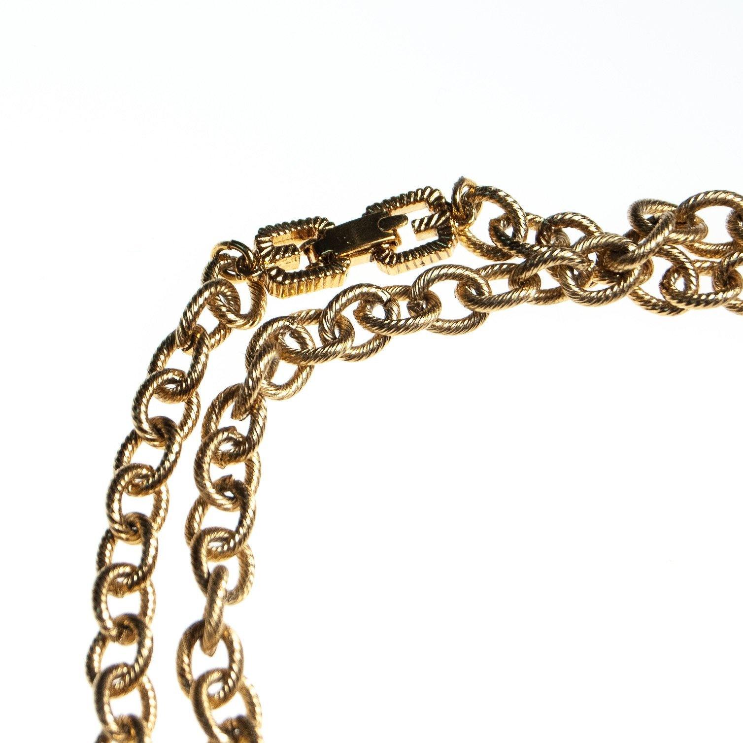 Vintage Givenchy Couture Long Gold Chain Necklace with Crystal Bead Stations, Brown, Green and Blue Beads, Diamante Crystals by Givenchy - Vintage Meet Modern Vintage Jewelry - Chicago, Illinois - #oldhollywoodglamour #vintagemeetmodern #designervintage #jewelrybox #antiquejewelry #vintagejewelry