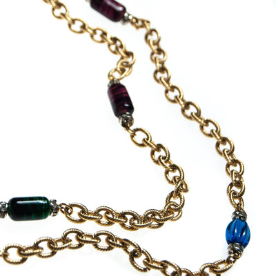 Vintage Givenchy Couture Long Gold Chain Necklace with Crystal Bead Stations, Brown, Green and Blue Beads, Diamante Crystals by Givenchy - Vintage Meet Modern Vintage Jewelry - Chicago, Illinois - #oldhollywoodglamour #vintagemeetmodern #designervintage #jewelrybox #antiquejewelry #vintagejewelry