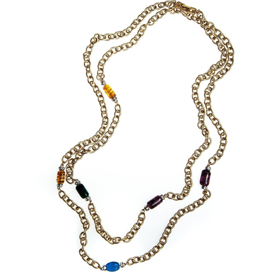 Vintage Givenchy Couture Long Gold Chain Necklace with Crystal Bead Stations, Brown, Green and Blue Beads, Diamante Crystals by Givenchy - Vintage Meet Modern Vintage Jewelry - Chicago, Illinois - #oldhollywoodglamour #vintagemeetmodern #designervintage #jewelrybox #antiquejewelry #vintagejewelry