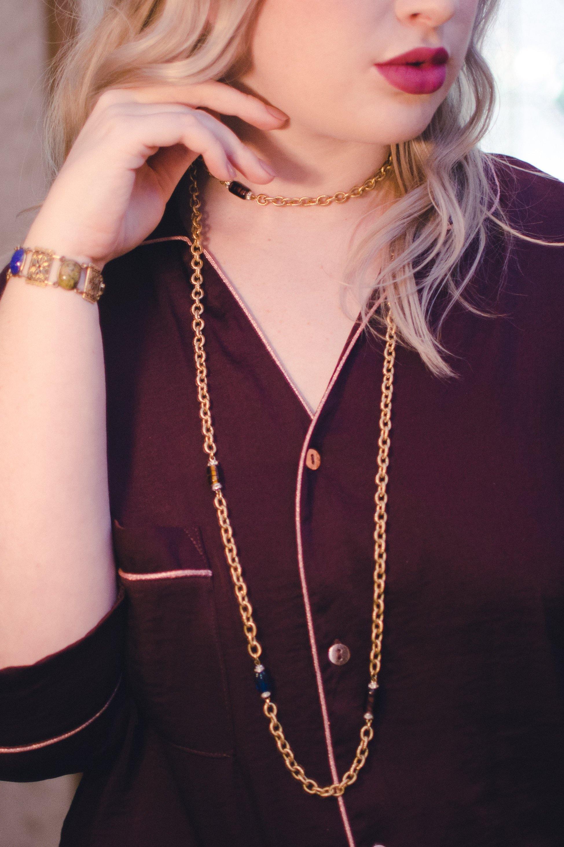 Vintage Givenchy Couture Long Gold Chain Necklace with Crystal Bead Stations, Brown, Green and Blue Beads, Diamante Crystals by Givenchy - Vintage Meet Modern Vintage Jewelry - Chicago, Illinois - #oldhollywoodglamour #vintagemeetmodern #designervintage #jewelrybox #antiquejewelry #vintagejewelry