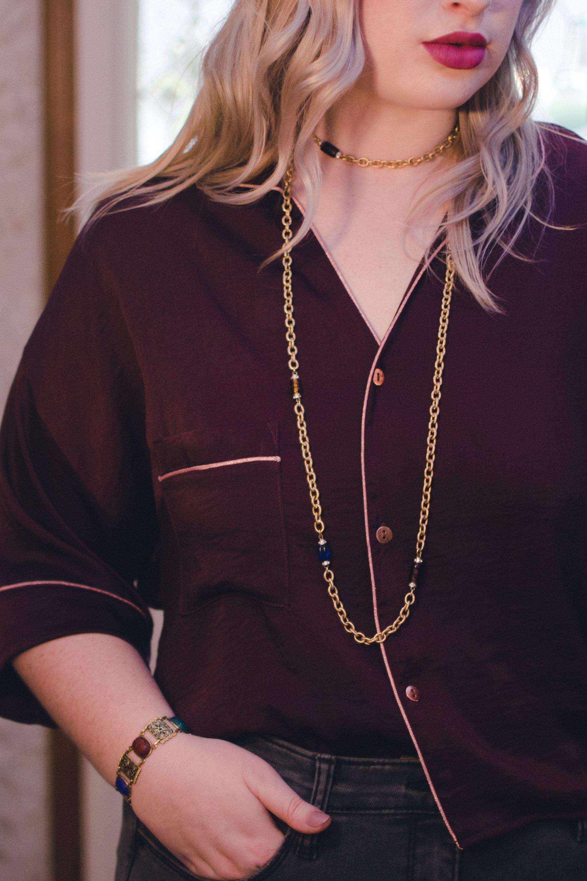 Vintage Givenchy Couture Long Gold Chain Necklace with Crystal Bead Stations, Brown, Green and Blue Beads, Diamante Crystals by Givenchy - Vintage Meet Modern Vintage Jewelry - Chicago, Illinois - #oldhollywoodglamour #vintagemeetmodern #designervintage #jewelrybox #antiquejewelry #vintagejewelry