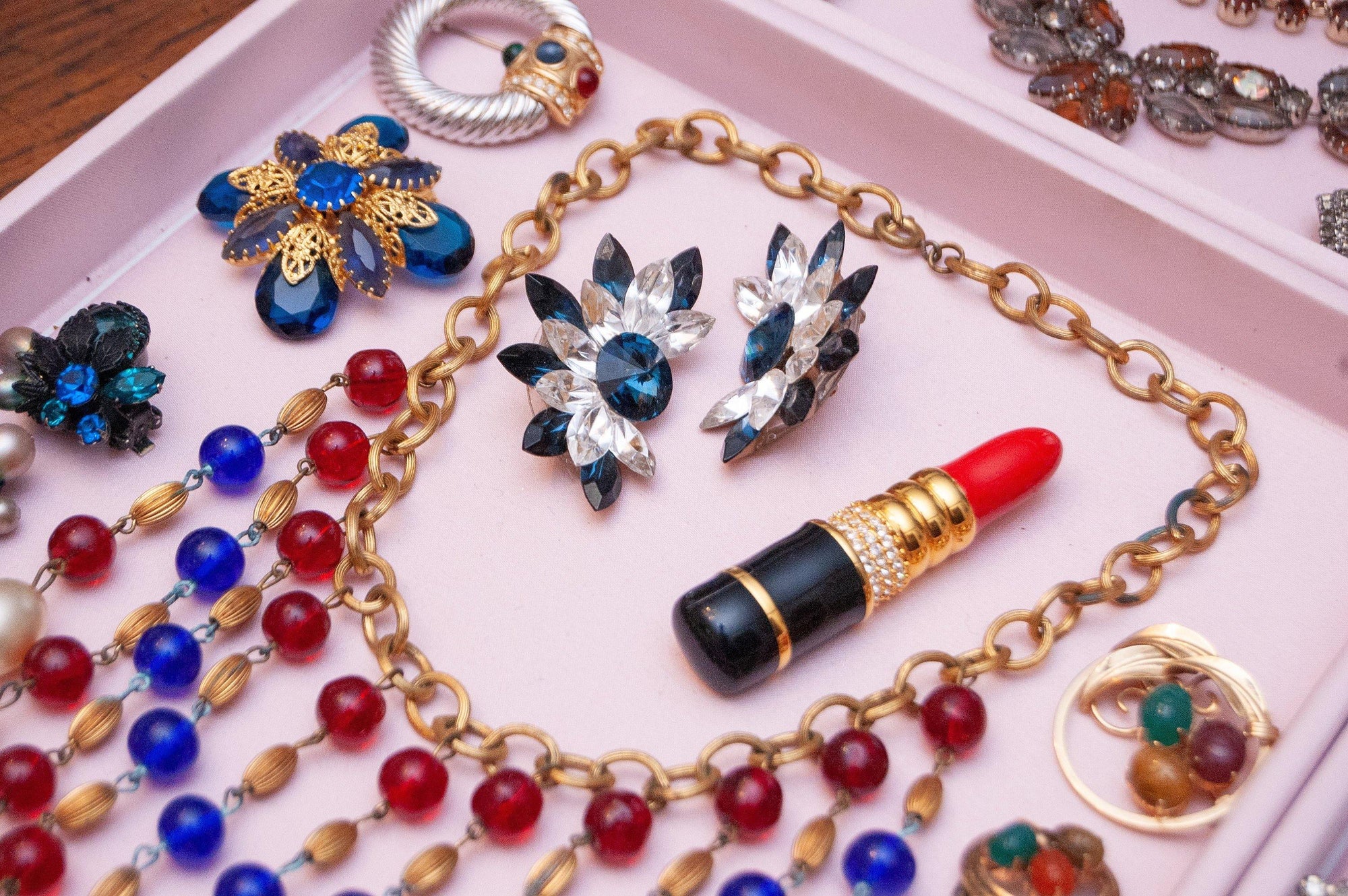 Vintage Czech Red, Blue Gripoix and Faux Pearl Bib Tassel Necklace, Gold Tone Beads, Faux Pearls, Spring Ring Clasp by Czech - Vintage Meet Modern Vintage Jewelry - Chicago, Illinois - #oldhollywoodglamour #vintagemeetmodern #designervintage #jewelrybox #antiquejewelry #vintagejewelry