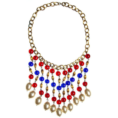 Vintage Czech Red, Blue Gripoix and Faux Pearl Bib Tassel Necklace, Gold Tone Beads, Faux Pearls, Spring Ring Clasp by Czech - Vintage Meet Modern Vintage Jewelry - Chicago, Illinois - #oldhollywoodglamour #vintagemeetmodern #designervintage #jewelrybox #antiquejewelry #vintagejewelry