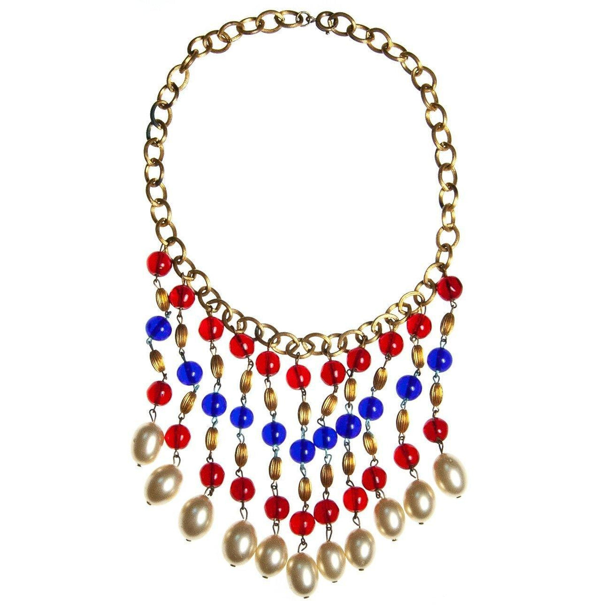 Vintage Czech Red, Blue Gripoix and Faux Pearl Bib Tassel Necklace, Gold Tone Beads, Faux Pearls, Spring Ring Clasp