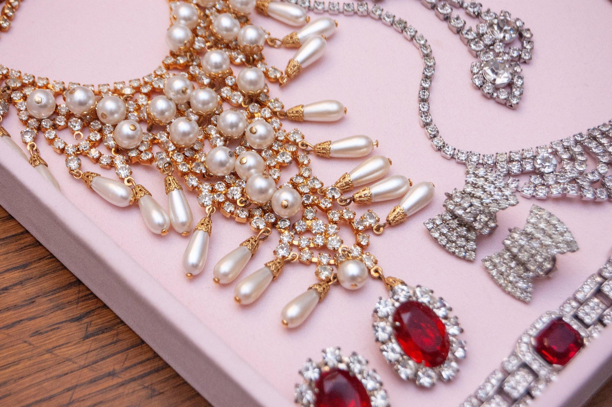 Vintage Bib Necklace, Faux Pearls, Diamante Crystals, Gold Tone, Fish Hook Clasp by Juliana - Vintage Meet Modern Vintage Jewelry - Chicago, Illinois - #oldhollywoodglamour #vintagemeetmodern #designervintage #jewelrybox #antiquejewelry #vintagejewelry