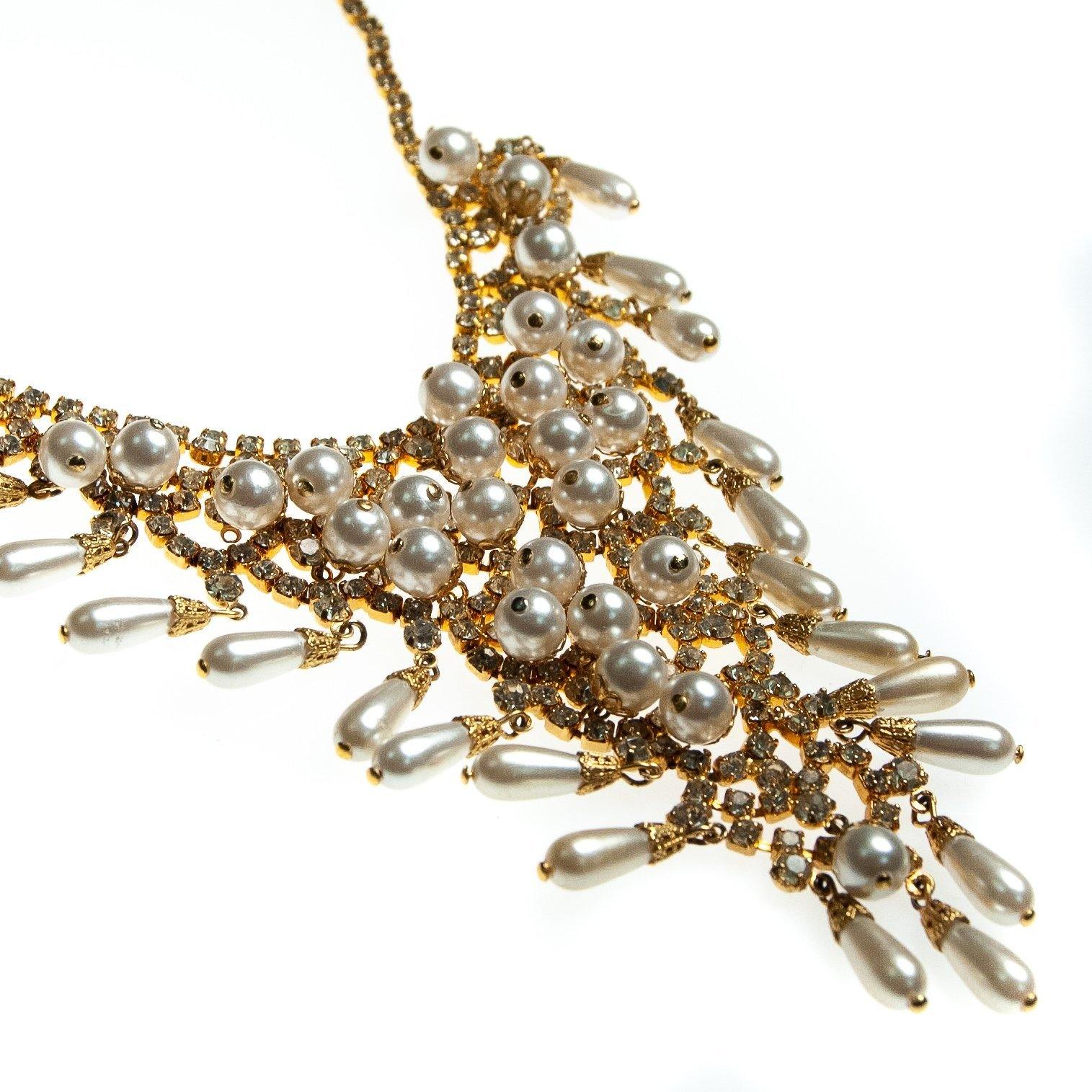 Vintage Bib Necklace, Faux Pearls, Diamante Crystals, Gold Tone, Fish Hook Clasp by Juliana - Vintage Meet Modern Vintage Jewelry - Chicago, Illinois - #oldhollywoodglamour #vintagemeetmodern #designervintage #jewelrybox #antiquejewelry #vintagejewelry
