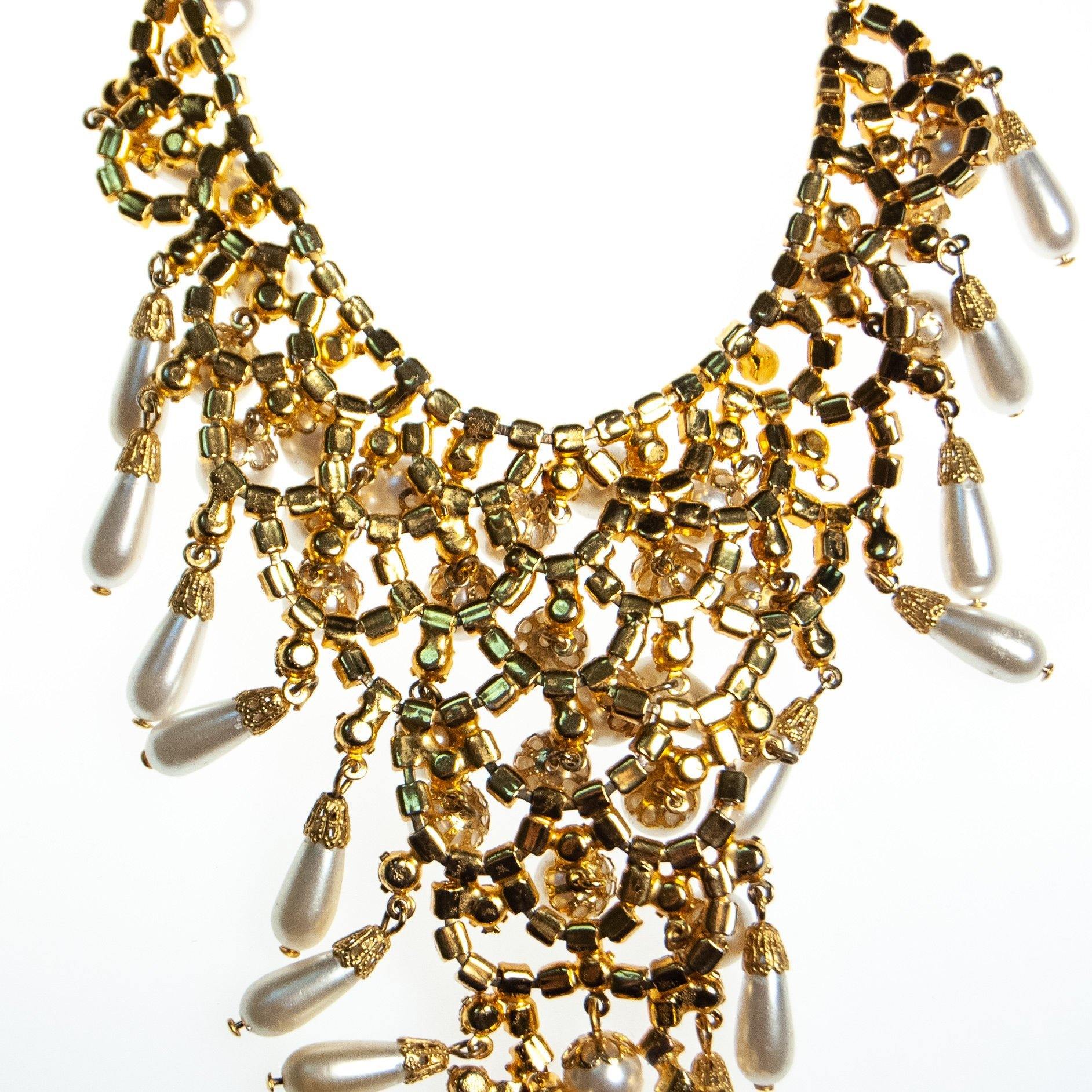 Vintage Bib Necklace, Faux Pearls, Diamante Crystals, Gold Tone, Fish Hook Clasp by Juliana - Vintage Meet Modern Vintage Jewelry - Chicago, Illinois - #oldhollywoodglamour #vintagemeetmodern #designervintage #jewelrybox #antiquejewelry #vintagejewelry