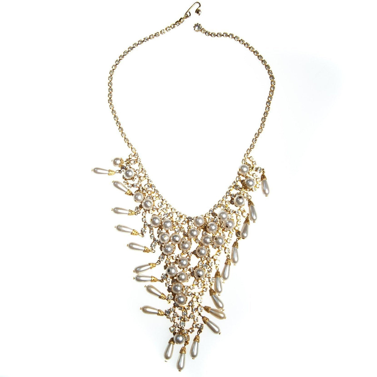Vintage Bib Necklace, Faux Pearls, Diamante Crystals, Gold Tone, Fish Hook Clasp