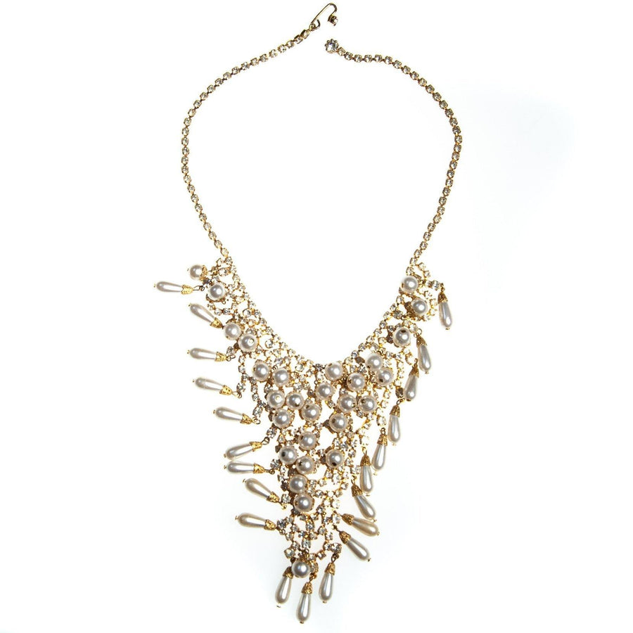 Vintage Bib Necklace, Faux Pearls, Diamante Crystals, Gold Tone, Fish Hook Clasp by Juliana - Vintage Meet Modern Vintage Jewelry - Chicago, Illinois - #oldhollywoodglamour #vintagemeetmodern #designervintage #jewelrybox #antiquejewelry #vintagejewelry