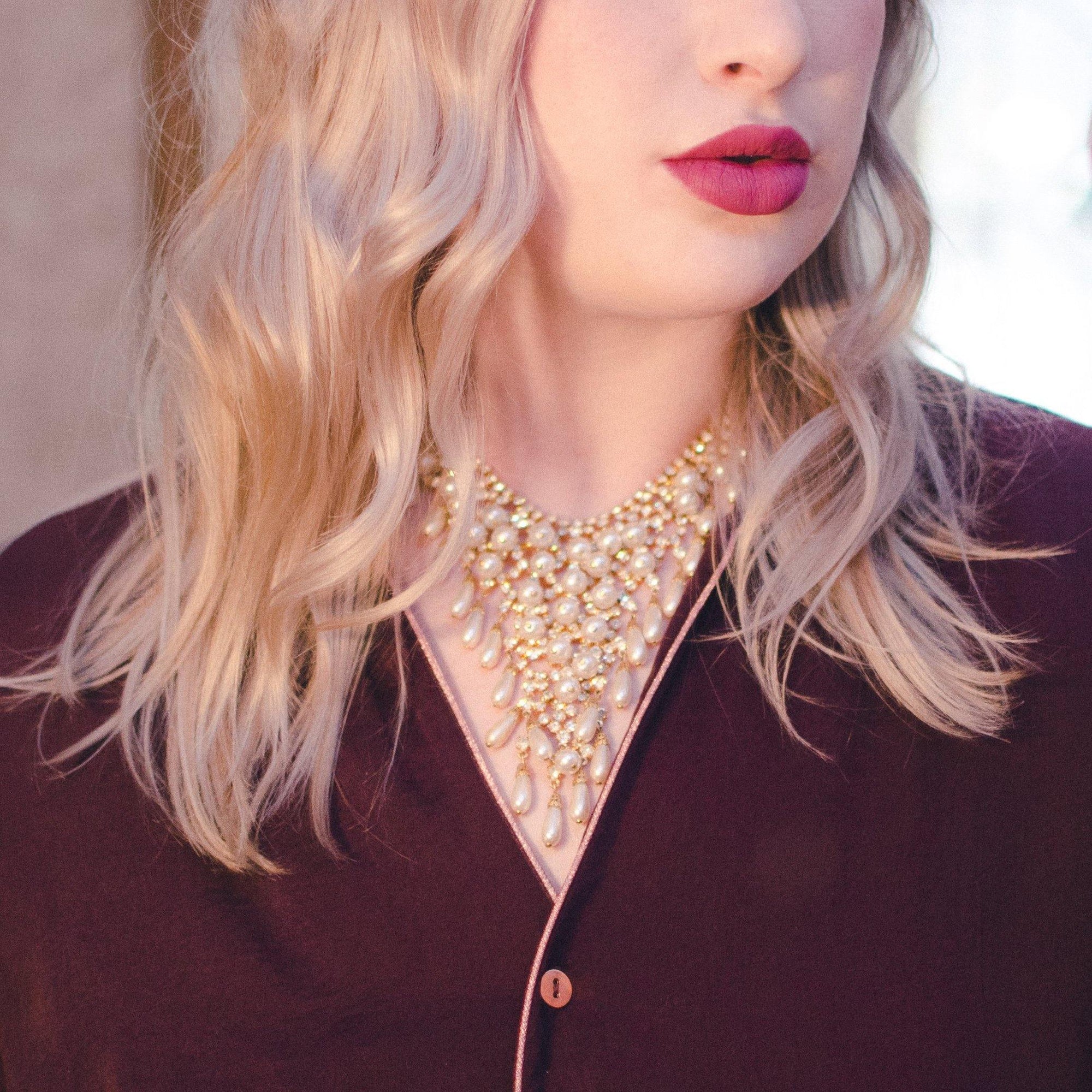 Vintage Bib Necklace, Faux Pearls, Diamante Crystals, Gold Tone, Fish Hook Clasp by Juliana - Vintage Meet Modern Vintage Jewelry - Chicago, Illinois - #oldhollywoodglamour #vintagemeetmodern #designervintage #jewelrybox #antiquejewelry #vintagejewelry