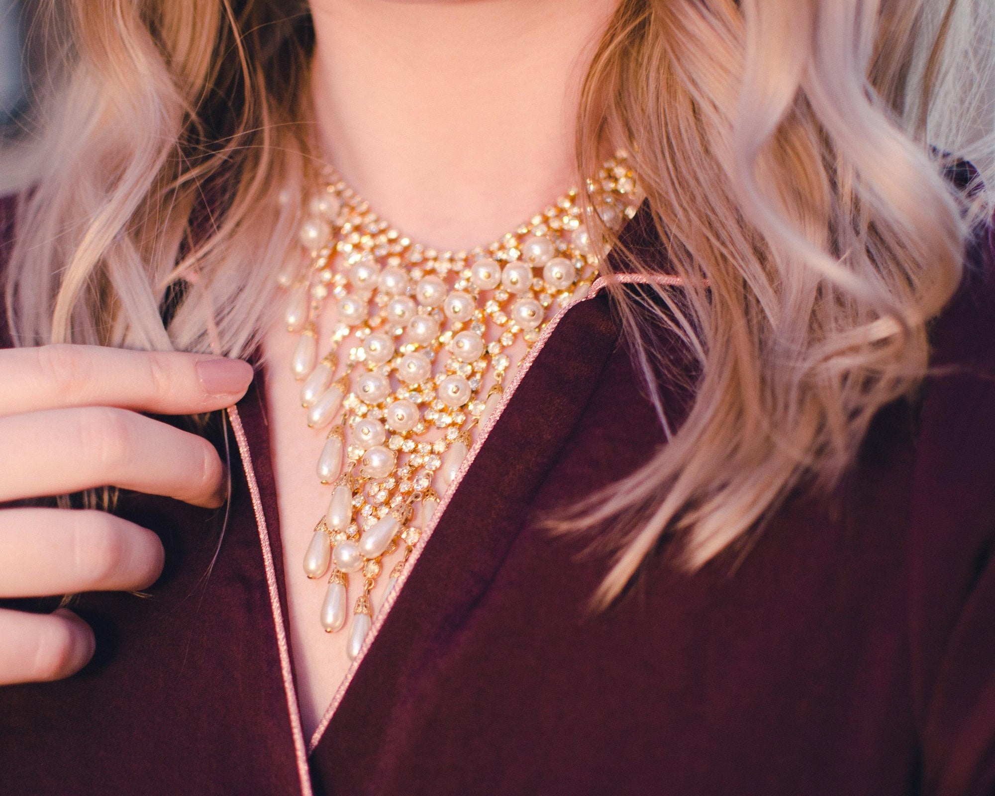 Vintage Bib Necklace, Faux Pearls, Diamante Crystals, Gold Tone, Fish Hook Clasp by Juliana - Vintage Meet Modern Vintage Jewelry - Chicago, Illinois - #oldhollywoodglamour #vintagemeetmodern #designervintage #jewelrybox #antiquejewelry #vintagejewelry