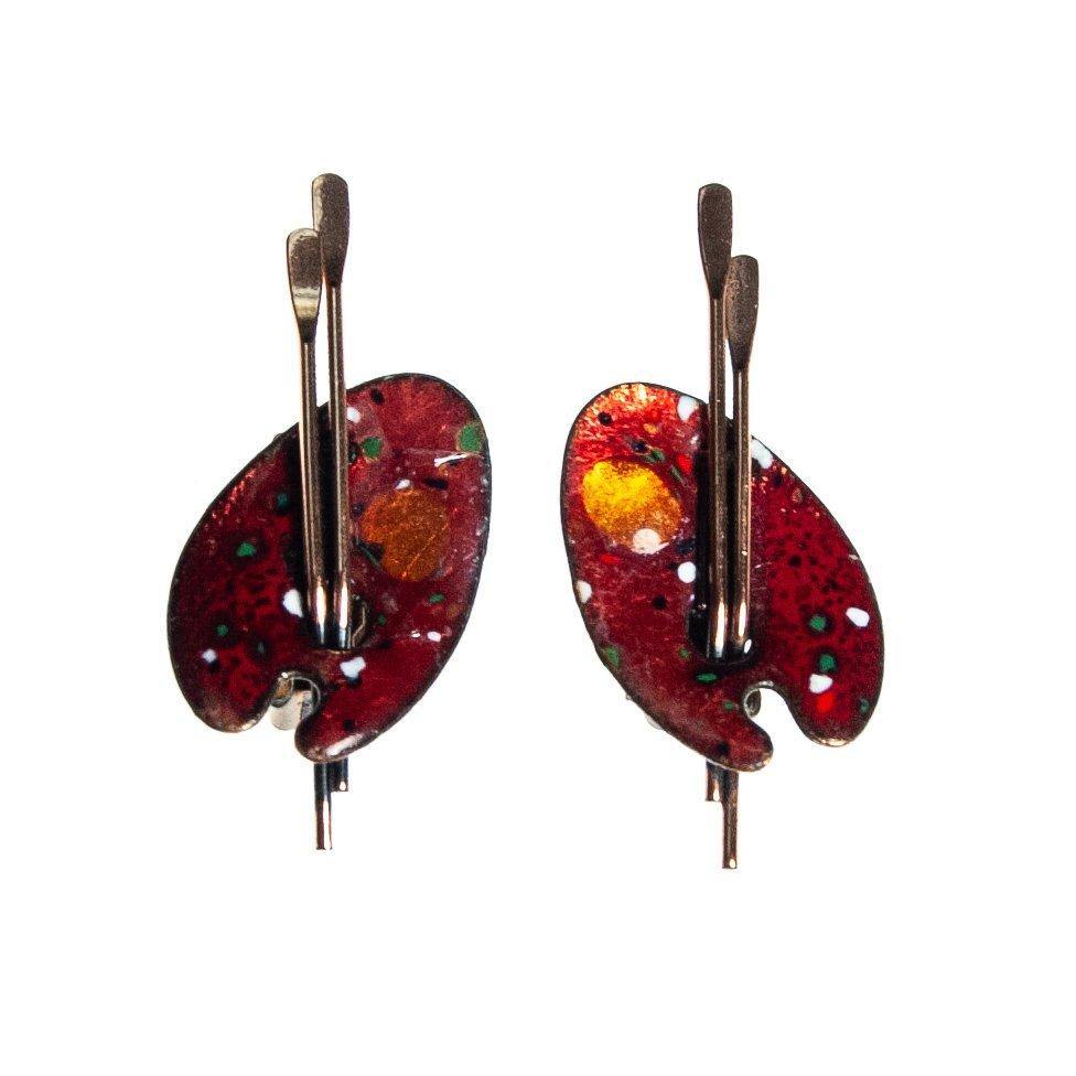 Vintage Matisse Painters Pallet Earrings, Red Lucite, Copper, Clip-on