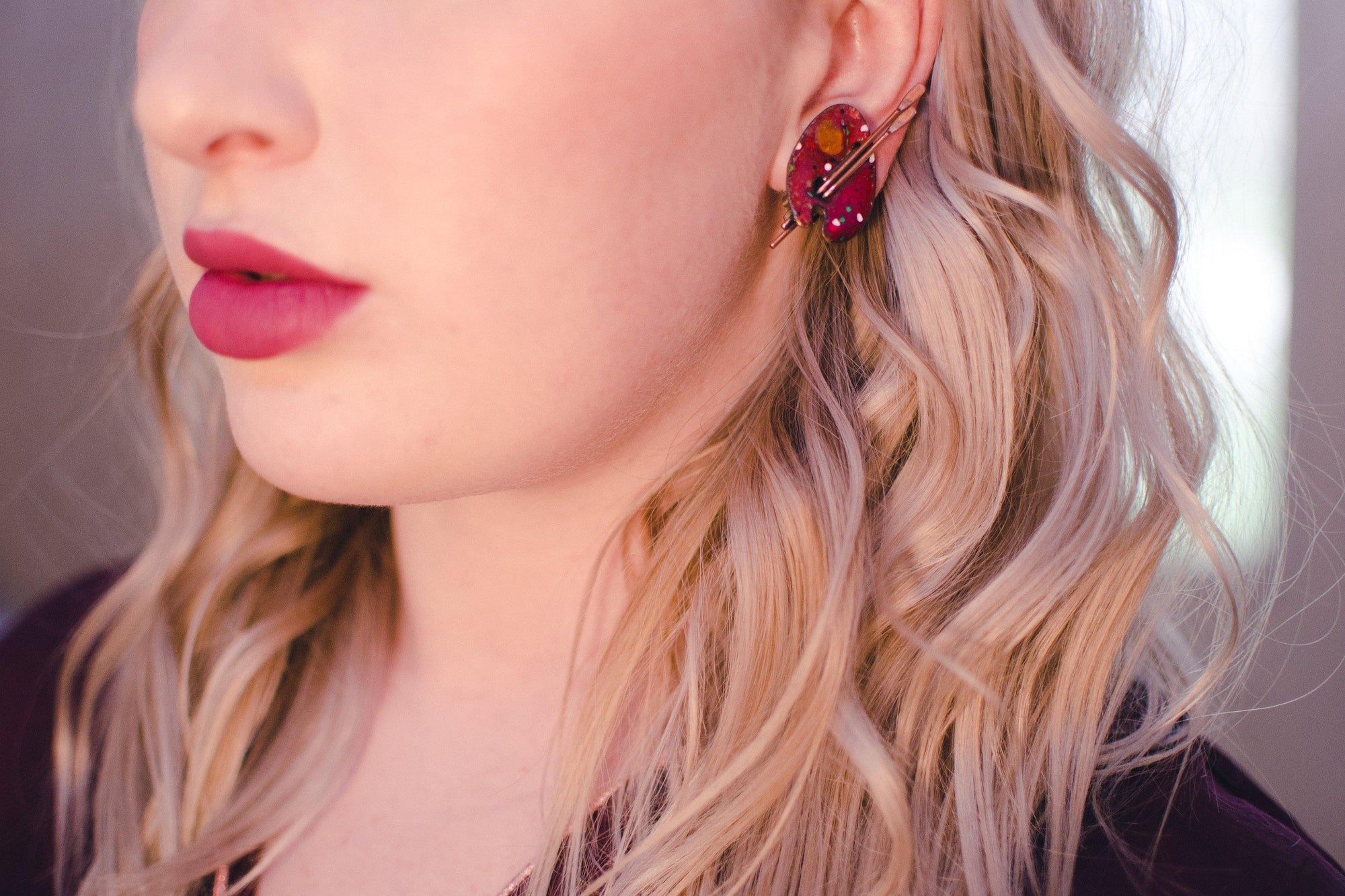 Vintage Matisse Painters Pallet Earrings, Red Lucite, Copper, Clip-on by Matisse - Vintage Meet Modern Vintage Jewelry - Chicago, Illinois - #oldhollywoodglamour #vintagemeetmodern #designervintage #jewelrybox #antiquejewelry #vintagejewelry