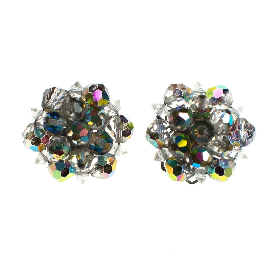 Vintage Smokey Gray Aurora Borealis Faceted Crystal Cluster Clip On Earrings by 1950s - Vintage Meet Modern Vintage Jewelry - Chicago, Illinois - #oldhollywoodglamour #vintagemeetmodern #designervintage #jewelrybox #antiquejewelry #vintagejewelry