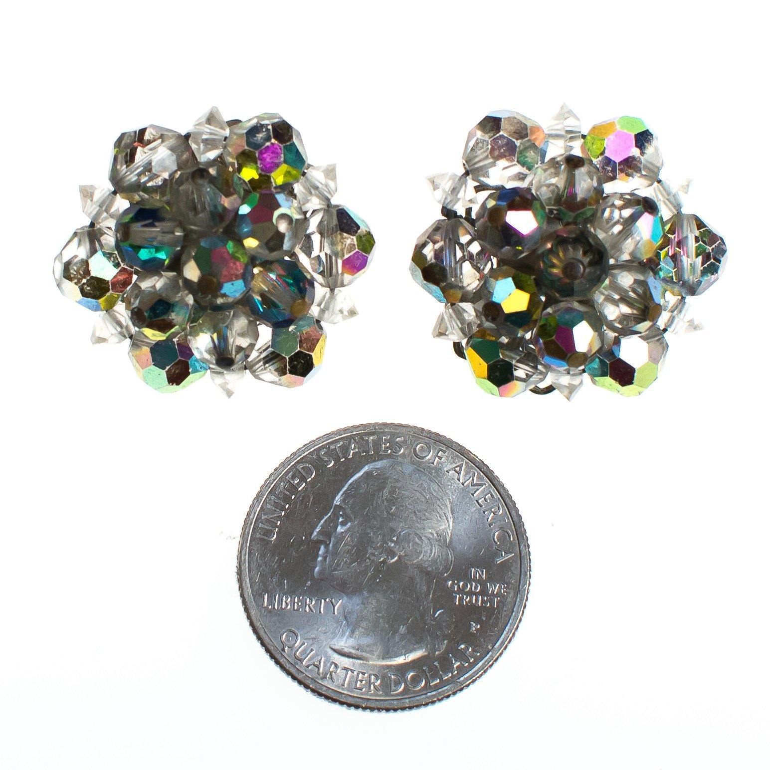 Vintage Smokey Gray Aurora Borealis Faceted Crystal Cluster Clip On Earrings by 1950s - Vintage Meet Modern Vintage Jewelry - Chicago, Illinois - #oldhollywoodglamour #vintagemeetmodern #designervintage #jewelrybox #antiquejewelry #vintagejewelry