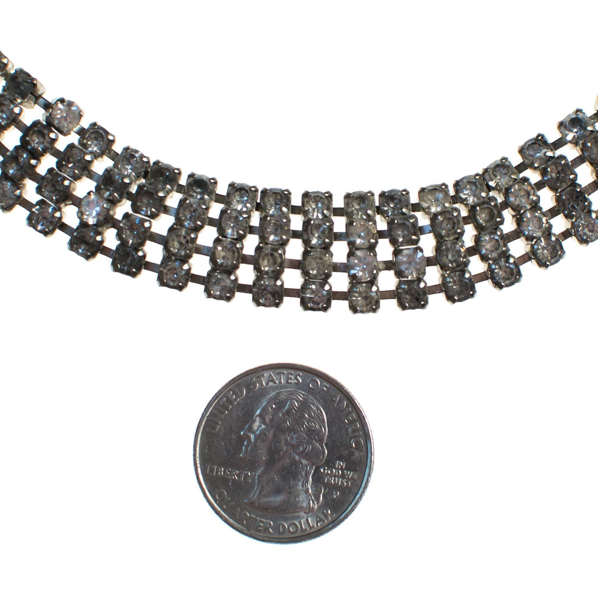 Vintage Art Deco Four Row Rhinestone Choker Necklace Set in Silver Tone by Art Deco - Vintage Meet Modern Vintage Jewelry - Chicago, Illinois - #oldhollywoodglamour #vintagemeetmodern #designervintage #jewelrybox #antiquejewelry #vintagejewelry