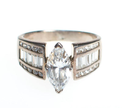 Vintage Sterling Silver Marquise with Baguettes Cubic Zirconia Engagement Ring by Sterling Silver - Vintage Meet Modern Vintage Jewelry - Chicago, Illinois - #oldhollywoodglamour #vintagemeetmodern #designervintage #jewelrybox #antiquejewelry #vintagejewelry