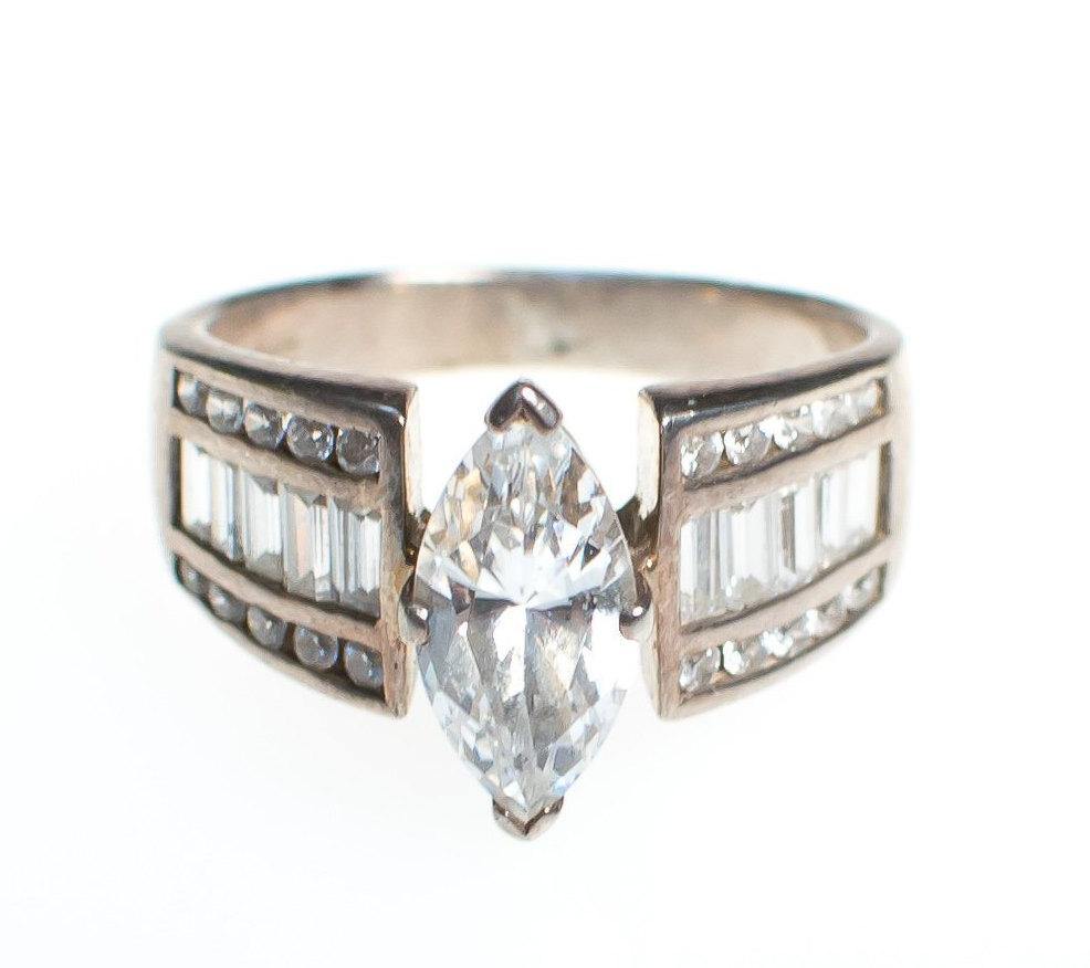 Vintage Sterling Silver Marquise with Baguettes Cubic Zirconia Engagement Ring