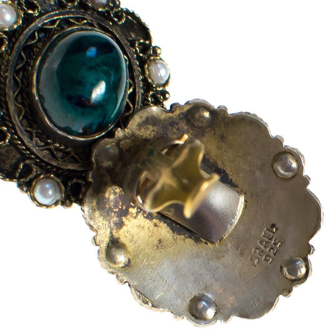 Vintage Sterling SIlver Filigree Clip Earrings with Malachite and Pearls Made in Israel by Made in Israel - Vintage Meet Modern Vintage Jewelry - Chicago, Illinois - #oldhollywoodglamour #vintagemeetmodern #designervintage #jewelrybox #antiquejewelry #vintagejewelry